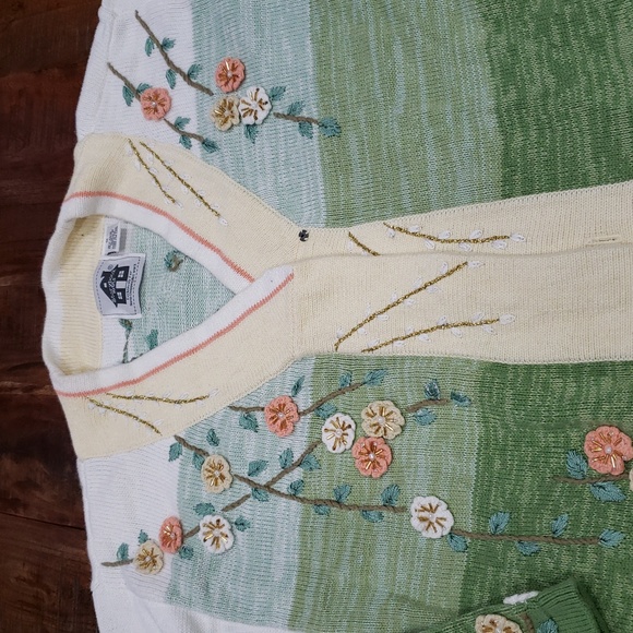 Storybook Knits Green and Cream Floral Cardigan - Picture 2 of 8